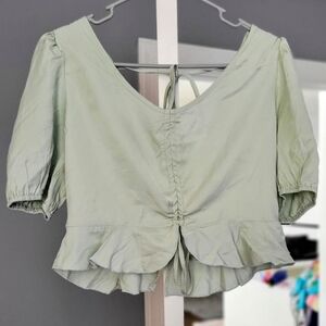 Women ruched drawstring knot tie back peplum top